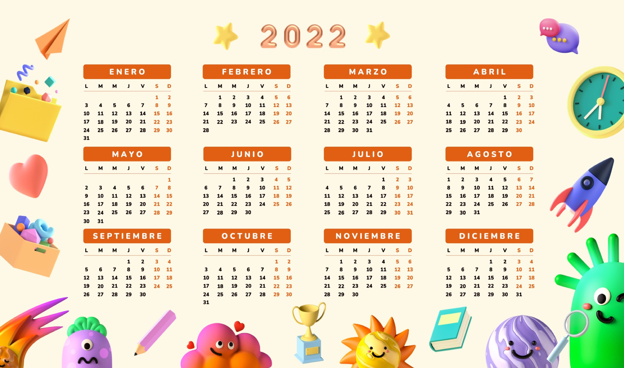 imagen de un calendario del año 2022 en el que aparecen los 12 meses sobre un fondo naranja y diversas ilustraciones divertidas y que hacen alusión a actividades y objetos juveniles