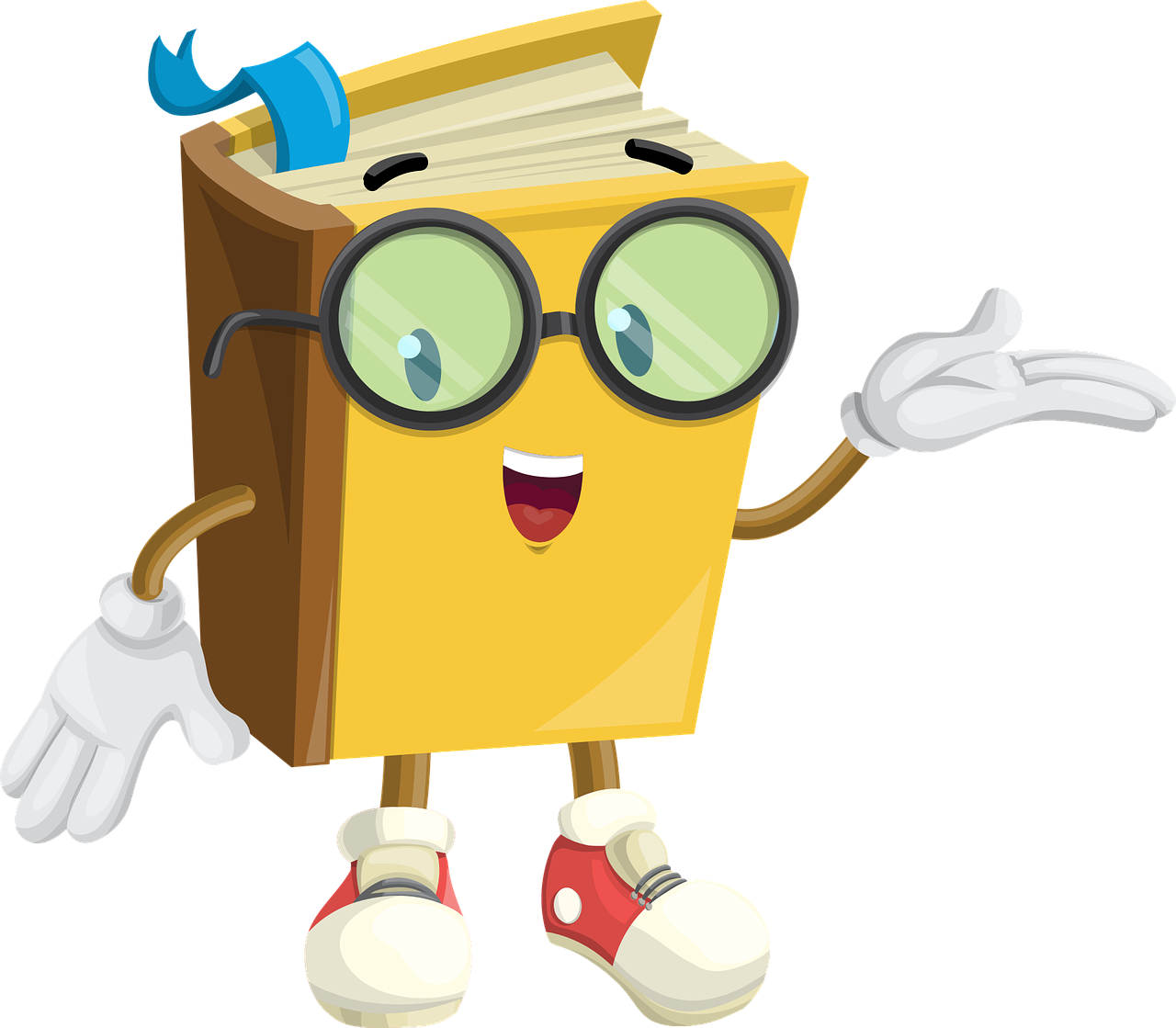 es un libro  de color amarillo que está de pie hablando, tiene gafas, dos manos y dos piernas. De su interior sale un marcapáginas de color azul