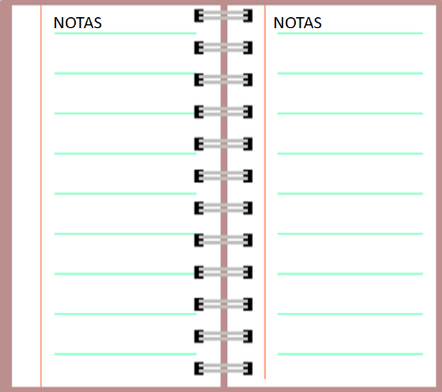 se observa un cuaderno de notas divido en hojas enganchadas en una espiral central a modo de libreta, cada hoja sirve para apuntar notas, datos