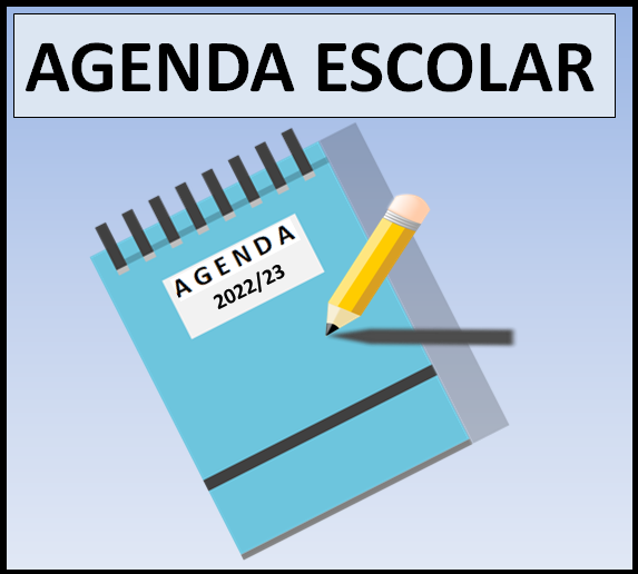 imagen en la que se observa la portada de una agenda escolar azul del curso 2022 y 2023, junto con un lápiz de color amarillo
