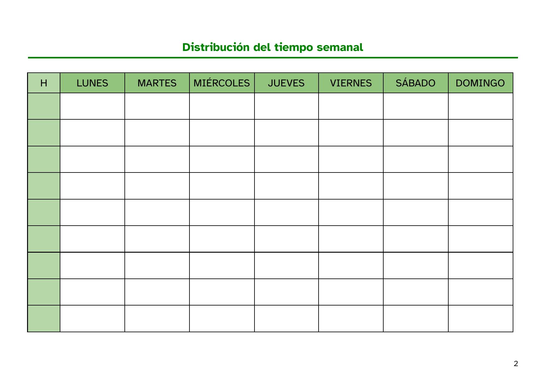 imagen con tabla de 8 columnas y 10 filas con el texto de encabezado 'Distribución del tiempo semanal'