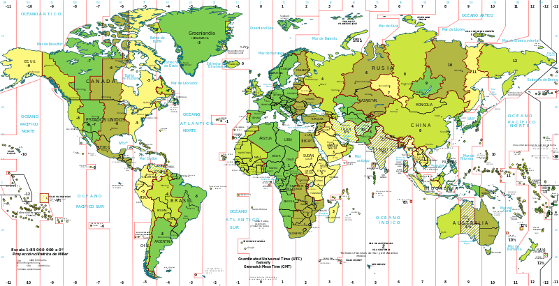 se muestra hay un planisferio con los continentes y dibujadas 24 líneas verticales rojas que dividen al planisferio en 24 partes iguales que separan 24 zonas horarias de la Tierra