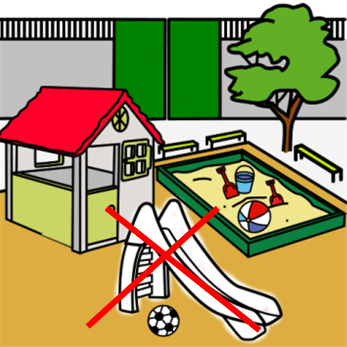 La imagen muestra el patio de una escuela. Está formado por un arenero, un árbol, una caseta de juguete, un tobogán y una pelota de colores. El tobogán no tiene color y está tachado con un aspa roja.