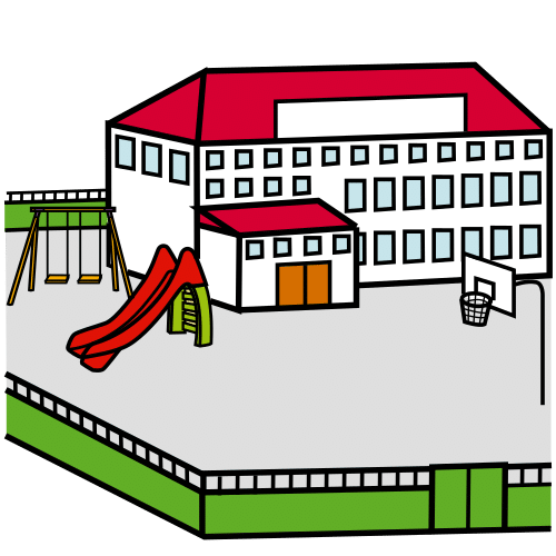 La imagen muestra un colegio rodeado por un patio con canasta y columpios.