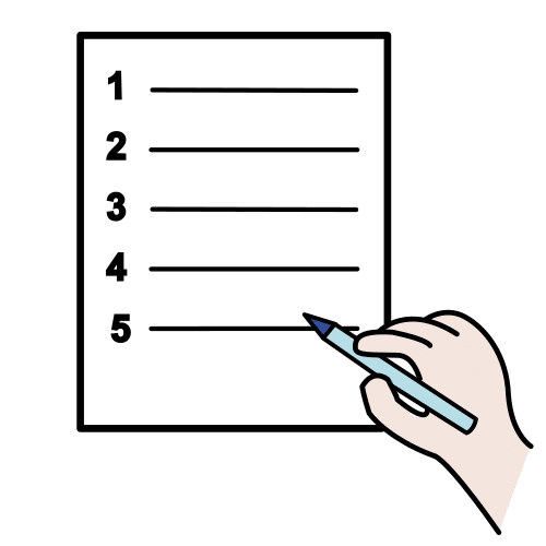 La imagen muestra una mano con un lápiz que escribe un listado numerado  en líneas del 1 al 5.