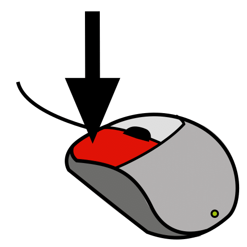 La imagen muestra un ratón de ordenador. Una gran flecha negra indica que hay que presionar en el botón izquierdo del ratón.
