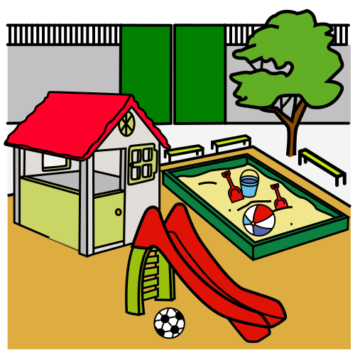 La imagen muestra un patio de un colegio con un arenero, un árbol, una casita de juguete y un tobogán.