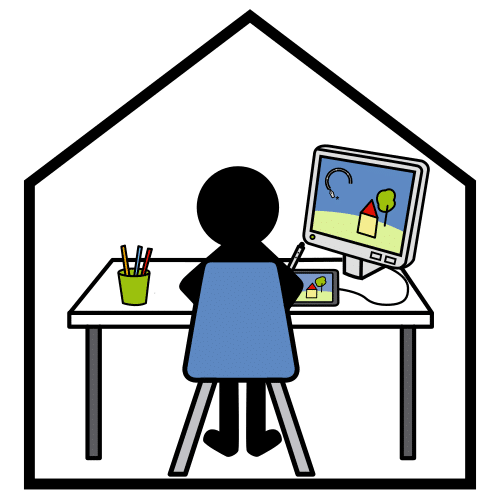 La imagen muestra una persona diseñando en una mesa una escuela. A la derecha se ve todo se ve en una pantalla de ordenador.