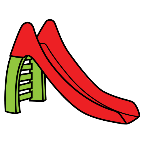 La imagen muestra un tobogán rojo y verde.
