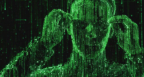 Silueta del personaje Neo formado con números verdes cayendo en cascada