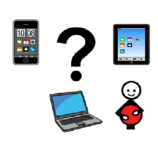 A la derecha se puede ver una tablet, a la izquierda un móvil, en el centro un signo de interrogación, debajo de este un ordenador y al lado de este una persona abrazando un objeto