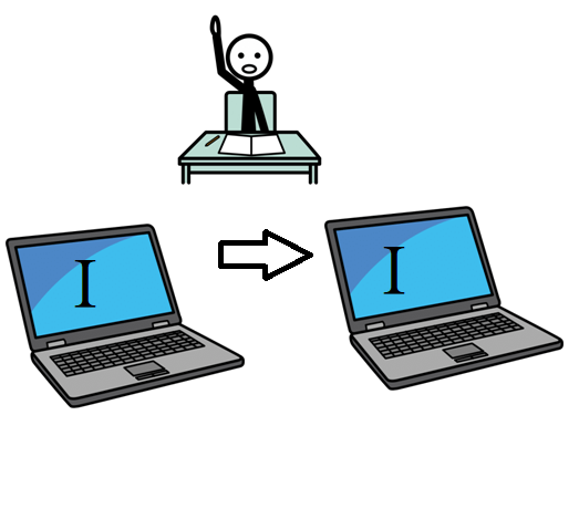 Una persona con la mano levantada. Debajo hay dos ordenadores con una  ” I” de información en sus pantallas, separados con una flecha que va de uno a otro