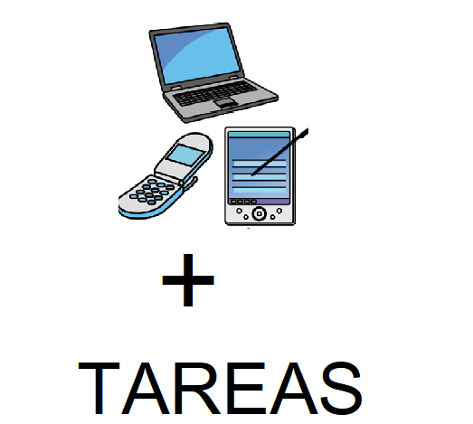 Un ordenador, un móvil y una tablet. Debajo una cruz como el símbolo de la suma  y debajo de ésta se puede leer la palabra “tareas”