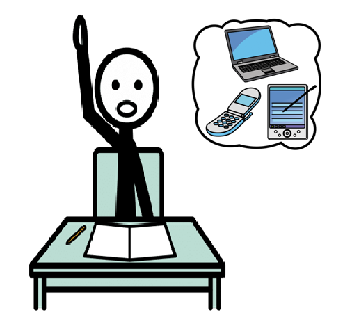 Una persona sentada con el brazo levantado y a su derecha un bocadillo de pensamiento con un ordenador, un móvil y una PDA dentro