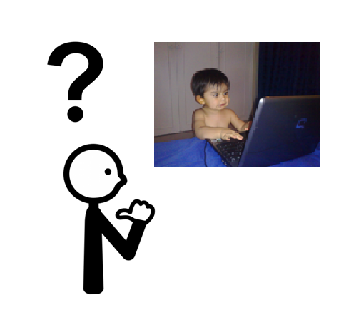 Persona con el pulgar en el pecho.Encima un signo de interrogación y al lado la foto de un bebé utilizando un ordenador.