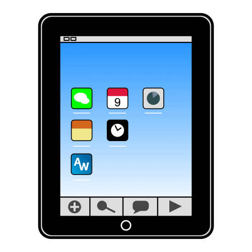 Tablet rectangular encendida con botón de encendido abajo en el centro,donde se pueden ver  distintas aplicaciones.