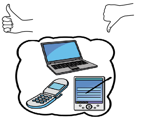 Una tableta, un ordenador y un móvil. Sobre ellas una mano con el pulgar hacia arriba y otra mano con el pulgar hacia abajo