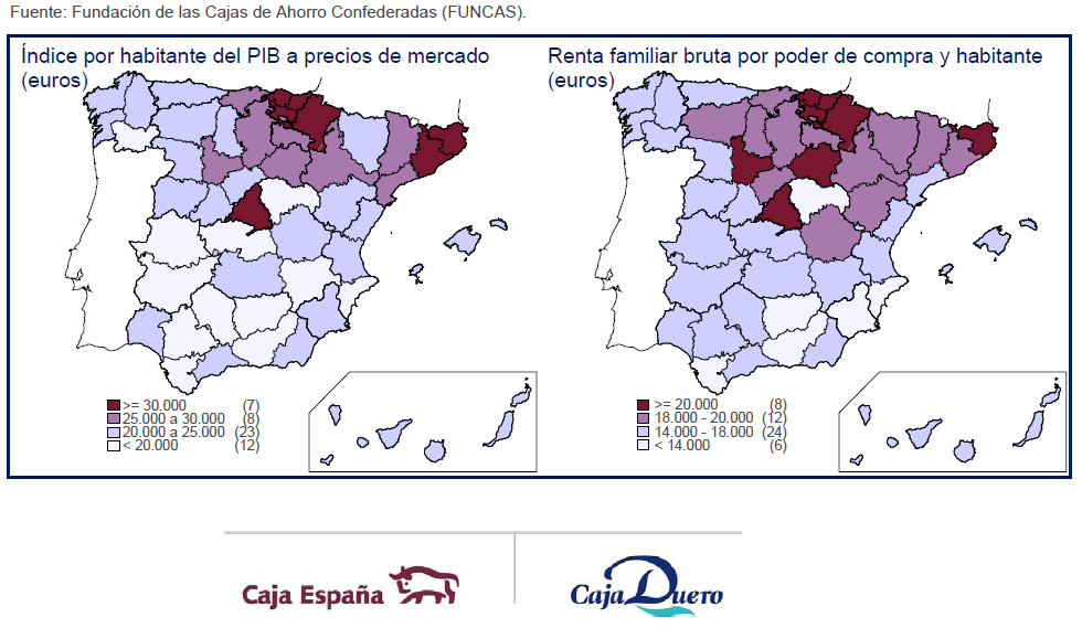 Índice por habitante del PIB y la Renta familiar bruta por poder de compra y familia.