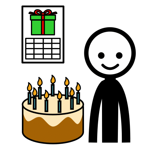 La imagen muestra una persona, una tarta y un regalo en un calendario.