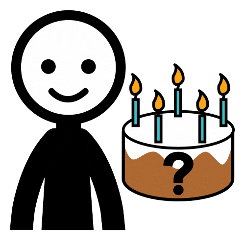 La imagen muestra una persona y una tarta de cumpleaños con una interrogación.
