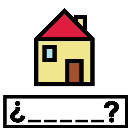 La imagen muestra una casa con un letrero incompleto con interrogación.