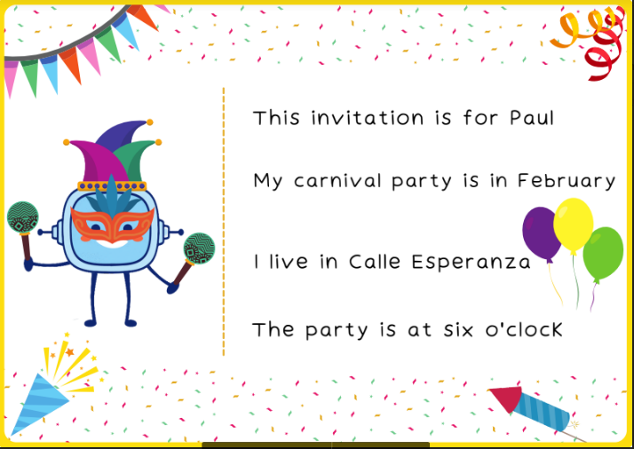 La imagen muestra una tarjeta de invitación para una fiesta de carnaval.