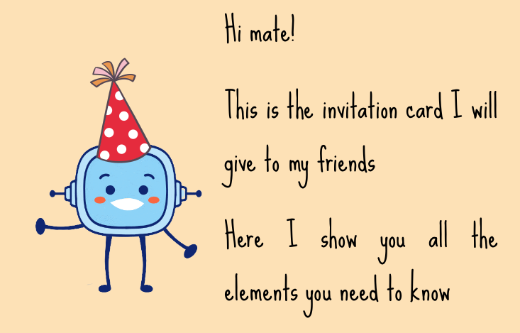 La imagen muestra a Rétor explicando los elementos de una tarjeta de invitación.