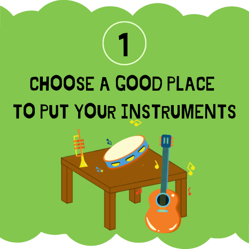 En la imagen puedes ver una nube verde en la que podemos ver una mesa con una trompeta, una pandereta y una guitarra apoyada, y el primer paso para preparar la tarea final: elegir un lugar para colocar los instrumentos