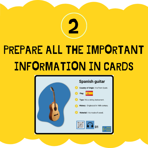En la imagen puedes ver una nube amarilla en la que podemos ver una tarjeta con información de un instrumento y el segundo paso para preparar la tarea final: preparar la información en cartelas
