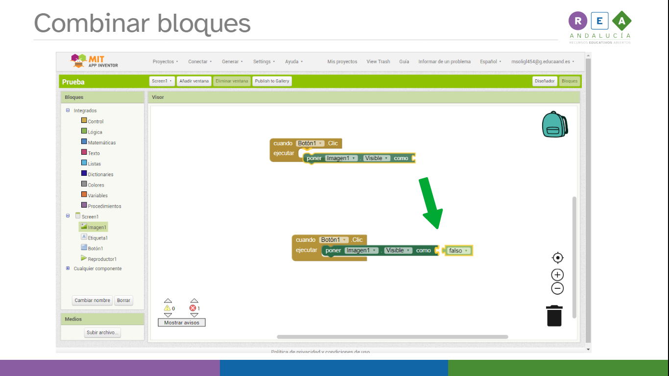 La imagen muestra la interfaz de bloques de App Inventor con dos ejemplos del detalle del paso previo a la combinación de bloques