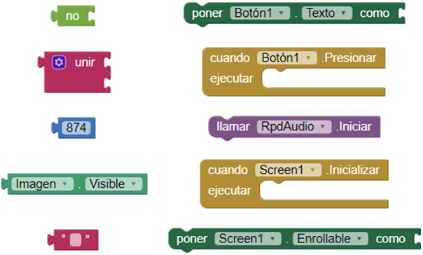 La imagen muestra varios bloques de programación de distintas categorías de App Inventor