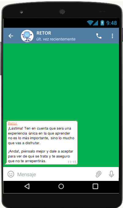 La imagen muestra un móvil con un mensaje enviado por Retor en pantalla