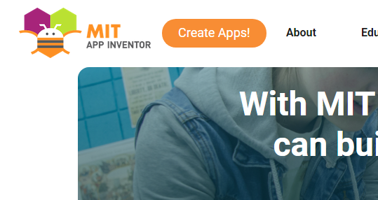 La imagen muestra un sector de la página web de App Inventor donde se puede encontrar el botón naranja llamado Create Apps