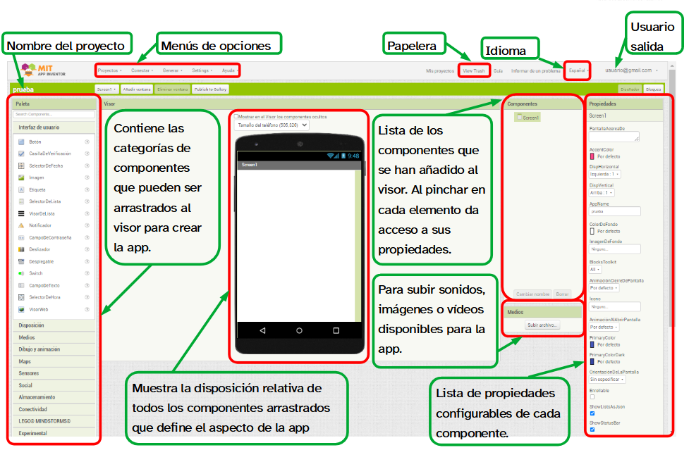 La imagen muestra la interfaz de usuario del diseñador de App Inventor con una explicación de las características de cada zona