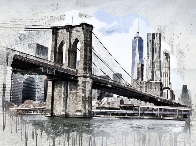 La imagen muestra el boceto de un puente colgante con los rascacielos de la cuidad de fondo.