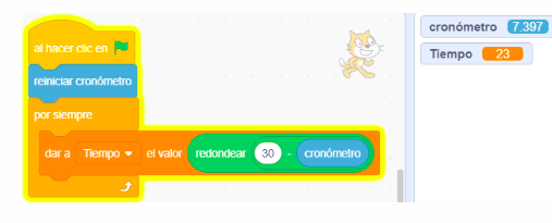 Imagen de los bloques del contador cronómetro en Scratch