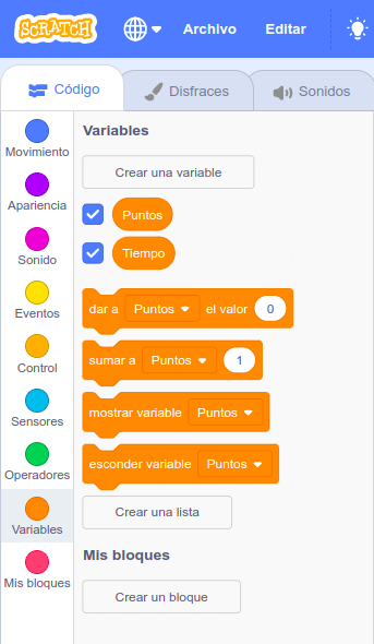 Imagen de la categoría variables en Scratch