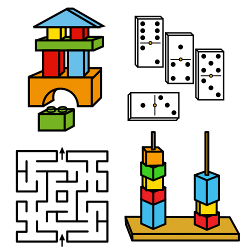 Imagen de juegos en la que aparecen algunos de construcción, un dominó y un laberinto. 