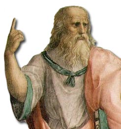 Platón señala al cielo en alusión al mundo de las ideas
