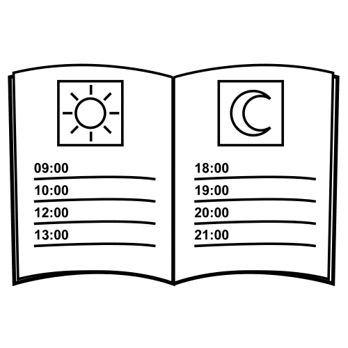 La imagen muestra un dibujo de una agenda abierta. En la página de la derecha se encuentran las horas de la mañana y en la de la derecha las de la tarde.