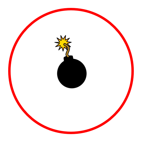 La imagen muestra un dibujo de una bomba rodeada de un gran círculo rojo.