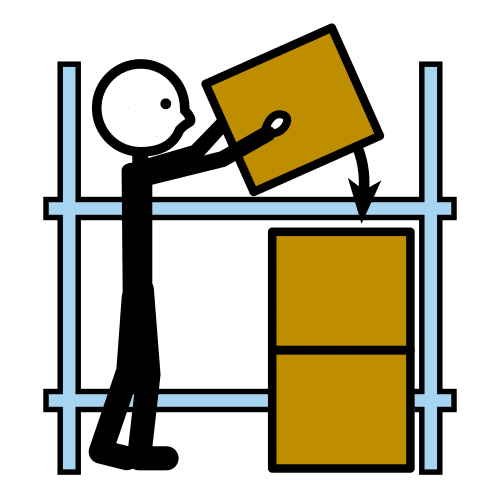La imagen muestra un dibujo de una persona amontonando cajas en un almacén.