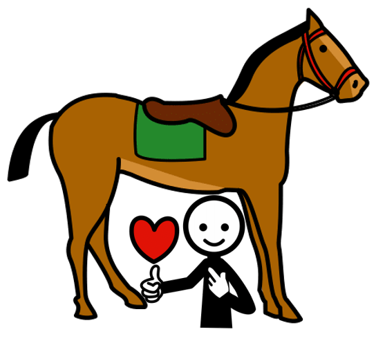 La imagen muestra un dibujo de un caballo con silla de montar y a una persona con el dedo hacia arriba y un corazón.