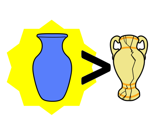 La imagen muestra un dibujo de un jarrón bueno, un signo de mayor que y un jarrón malo.