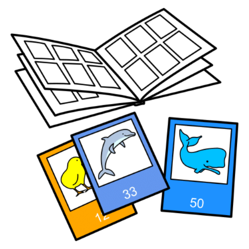 La imagen muestra un dibujo de un álbum y tres cromos de animales.