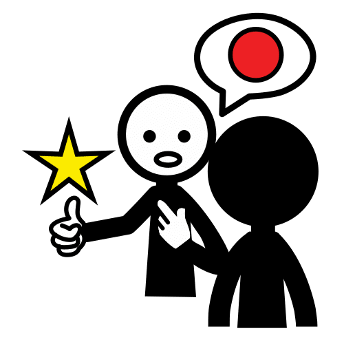 La imagen muestra un dibujo de una persona diciéndole algo a otra con un dedo hacia arriba en una mano, sobre la que hay una estrella, y señalándose a sí mismo con la otra.