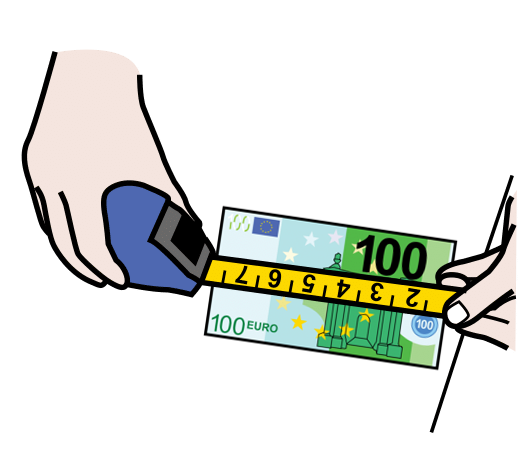 La imagen muestra un dibujo de unas manos utilizando una cinta métrica para medir un billete.