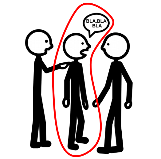 La imagen muestra un dibujo de tres personas de pie conversando, una de ellas le toca en el hombro a otra.
