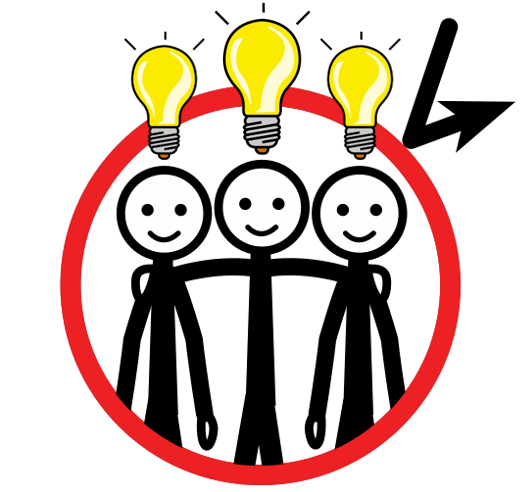 La imagen muestra un dibujo de un grupo de tres personas con bombillas en la cabeza, que están en el interior de un círculo rojo, protegidas de un rayo con forma de flecha.
