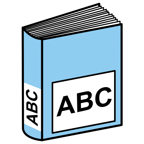 La imagen muestra un dibujo de un diccionario que muestra las letras A, B y C en su portada.